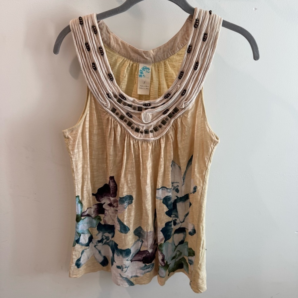Vintage Anthropologie C.Keer Bohemian Floral Cotton Embellished Sleeveless Top S